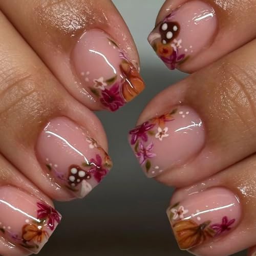 Fall Press on Nails Short Square Fake Nails with Pumpkin Floral Polka Dot Designs Autumn Nails Press ons Purple Brown Nude Glue on Nails Glossy False Nails Cute Stick on Nails for Women 24Pcs - color: 15