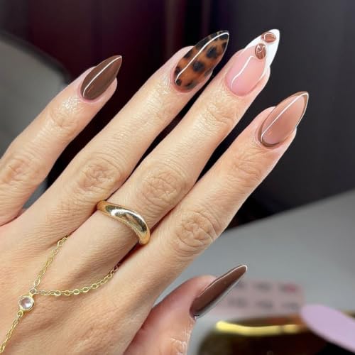 Fall Press On Nails - Medium Almond Brown Fake Nails, 24Pcs - color: Style-04