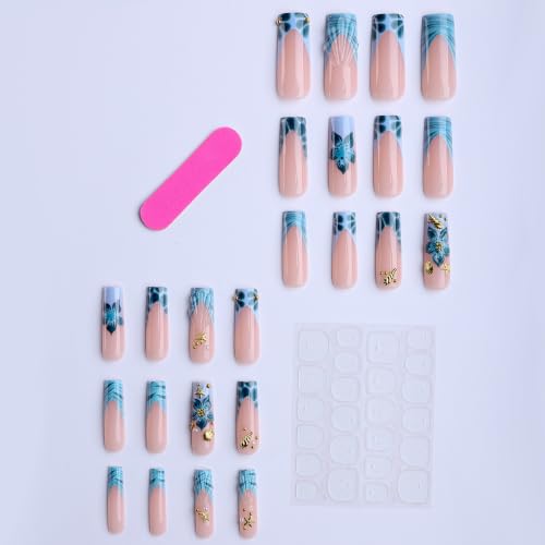 Long Square Press on Nails Blue Gradient Acrylic Fake Nail 24Pcs - color: 40
