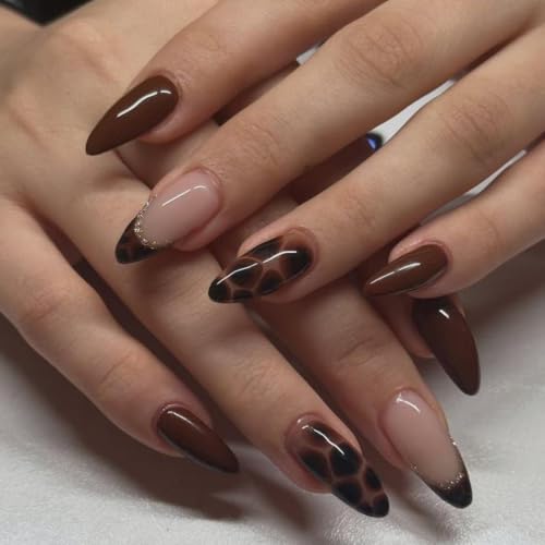 Brown Press on Nails Medium Almond Tortoise Shell Fake Nails - color: style-03