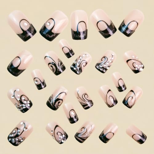 Medium Press on Nails Square Black Lines Rhinestones Fake Nails 24Pcs - color: Black
