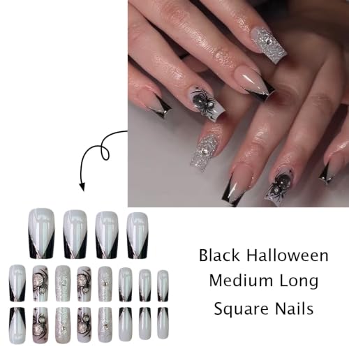 Halloween Goth Press on Nails Square Spider Fake Nails 24Pcs - color: Halloween 7