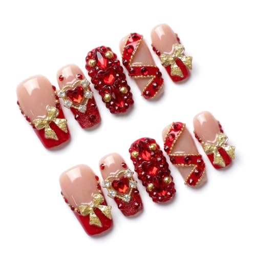 Handmade Press on Nails,Medium Coffin Red Gold Heart Fake Nails - color: style15