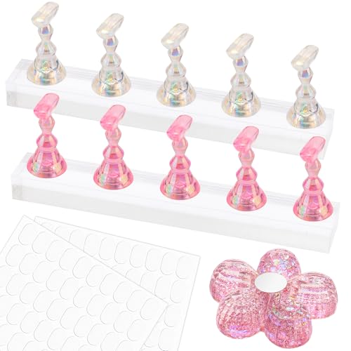 Nail Stand for Press Ons, Nail Holder for Painting Nails, Upgraded Solid Acrylic Magnetic Fake Nail Stands Tips, Flower Nail Holder with Double-sided Tape Practice Nail Art Tools - color: C-Flower