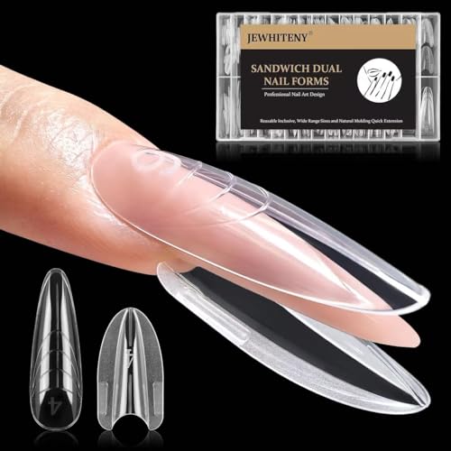JEWHITENY 280 PCS Sandwich Nails Dual Forms:Almond Round Reusable Nail Forms with Guide Lines,14 Sizes Nail Mold for Nails Extension,Salon & Home DIY Nail Art Tools - color: Almond Round-SMZ-02