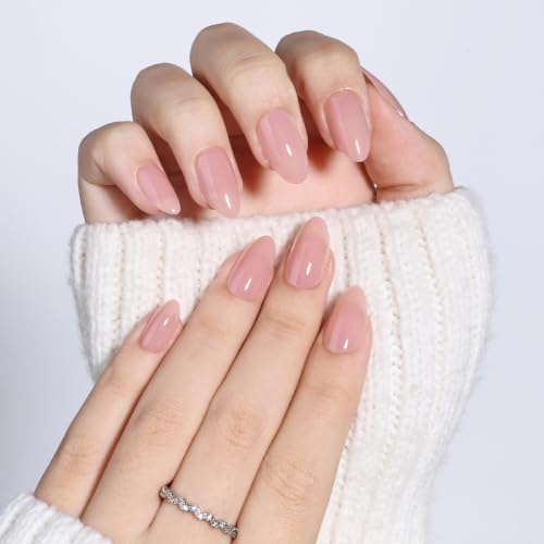 Light Nude Press On Nails, Short Almond, Glossy Skin Tone Glue On Nails - color: A12-Light Nude