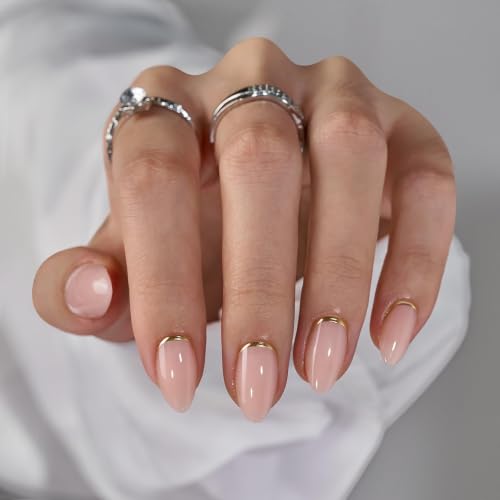 BTArtbox Press On Nails, Almond Short Nude Fake Nails, 32Pcs Full Kit - color: A-Gold End