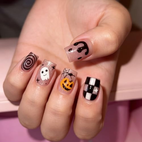 24Pcs Halloween Press on Nails Short Square Fake Nails with Cute Ghosts Design Pumpkin Acrylic Nails Black And White Checkered Artificial Nail Glossy Spider Web Full Cover Stick on Nails for Women - color: Ghost Pumpkin Style