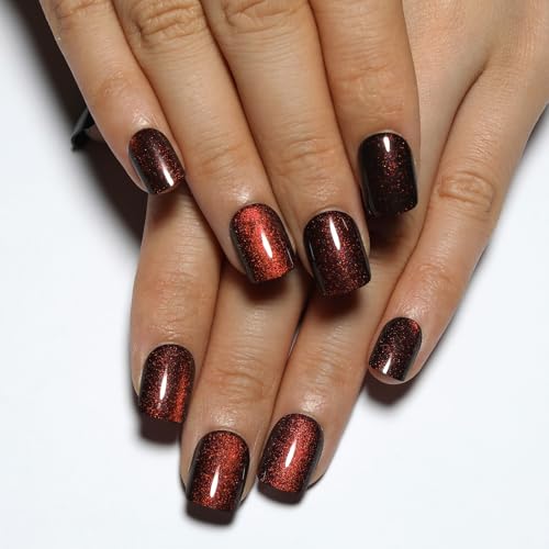 Wine Red Press On Nails Short – Square Cat Eye Fake Nails 30PCS - color: M05-Deep Burgundy Red - Crimson Spell