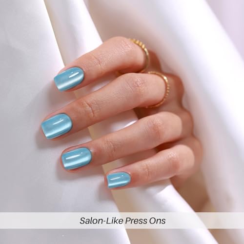 SHANGMENG Press on Nails, Square Short Aqua Blue Cat Eye Nails, Soft Gel - color: Lake Shimmer