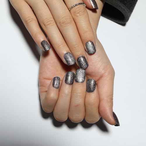 Glittering Silver Press on Nails Short Square, Silver Fake Nails Kit, Fashion Glossy Acrylic Short Press on Nails, Natural Stick on Nails, Thick Reusable Glue on Nail for Women, 24Pcs - color: B19-Glittering Silver