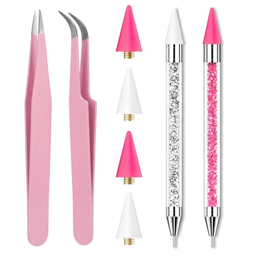 Rhinestone Picker Tool Set - Dual-Ended Wax Pen & Precision Tweezers for Nail Art, Bedazzling, Tumblers & DIY Crafts - Easy Gem & Crystal Placement Accessories With 4 Extra Wax Head (Pink) - color: Pink