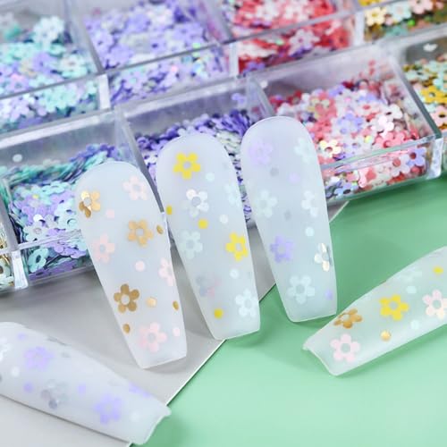 1 Box 6 Color Holographic Flower Nail Glitter Laser Aurora Pink Nail Sequins 3D Blue Purple Nail Flakes Sparkly Powder Flakes Shiny Nail Glitter Colorful Nail Sequins Glitter for Nails Art 12 Grids - color: Color 34