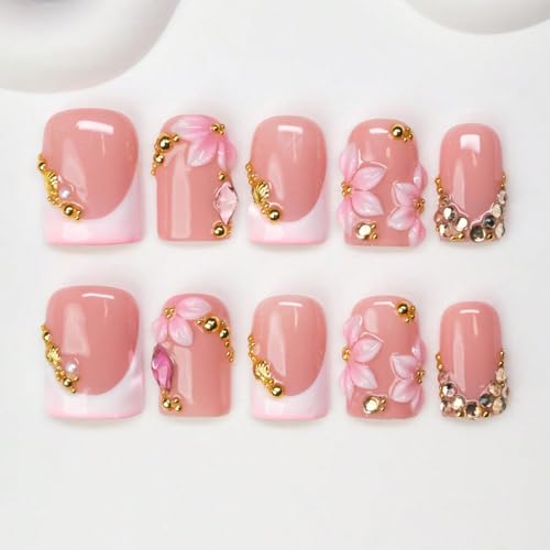 10 Pcs Flower Press on Nails Handmade Short Fake Nails 3D Pink White Flower Designs Rhinestone French Tips False Nails Press ons with Charms Designs Thick Square Acrylic Stick on Nail for Women (M) - color: 2703, size: M