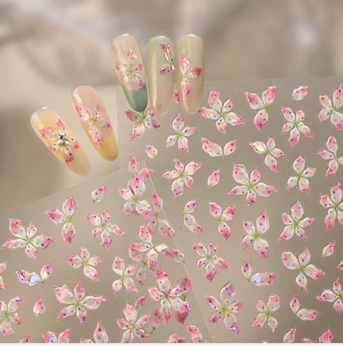1 Sheet Flower Nail Stickers 5D Embossed Lily Flower Stickers for Nails Hibiscus Nail Decals Tropical Floral Summer Nail Supplies Pink Hawaiian Floral Petals Manicure Decoration Nail Charms for Women - style: summer hibiscus