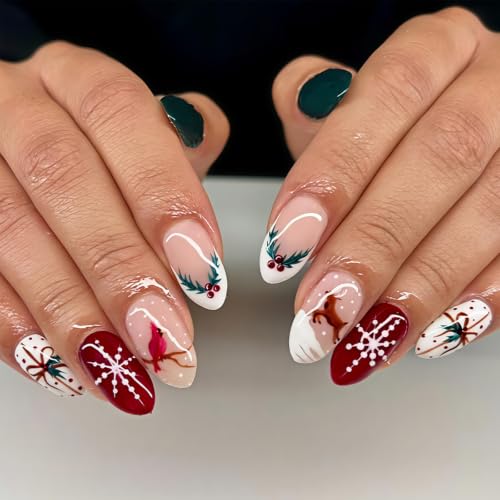 24Pcs Christmas Press on Nails Short Almond Fake Nails Red Green Xmas Nails - color: Winter Christmas Nails-10