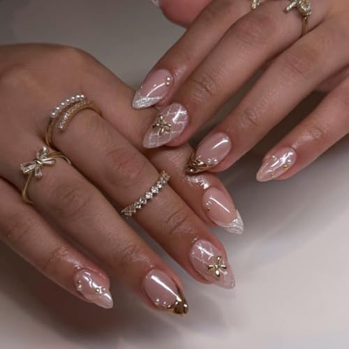 Short Almond Press on Nails 3D French Tip with Gold Bow Design Shimmer Glossy Fake Nails for Women 24PCS - color: Style-06