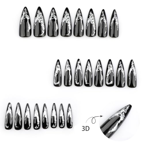 Gothic Black Press on Nails Long Stiletto - 3D Silver - color: Style-25