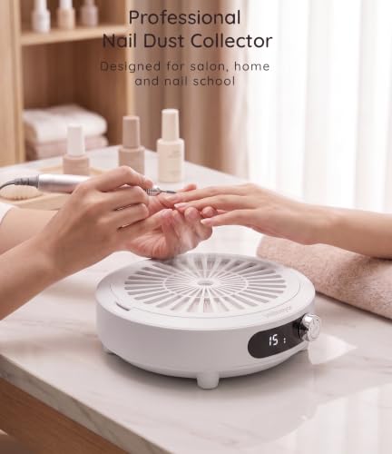 Nail Dust Collector, Cordless, Low Noise with LED Display, White