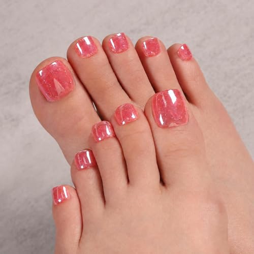 Nail Reformation Press On Toenails, Pomegranate Pink | Glitter Short Square - color: Pomegranate Pink