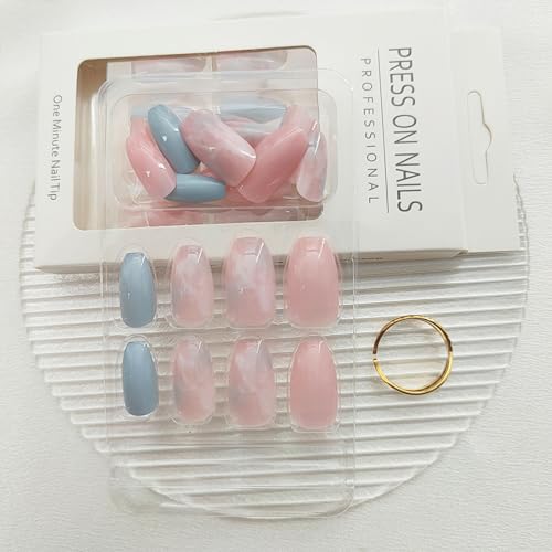 Coffin Press on Nails Short Fake Nails with Marble Designs Acrylic Nails Press ons Glossy Glue on Nails Light Blue Full Cover Artificial Stick on Nails for Women 24Pcs - color: Marble Designs