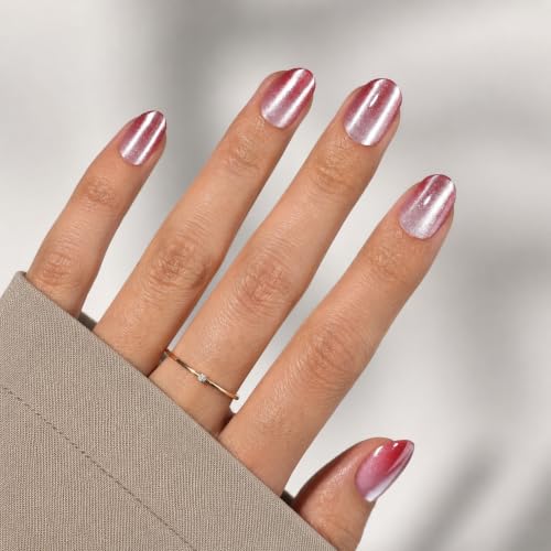 Light Berry Pink Cat Eye Press On Nails, Short Oval Reusable Nails - color: F3-Rose Glow