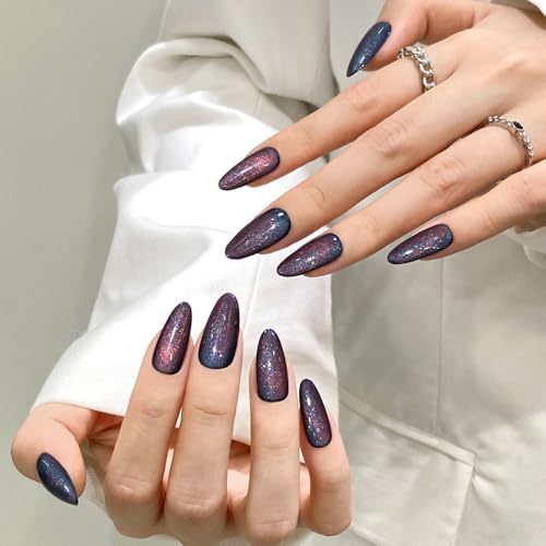 Dark Blue Almond Cat Eyes Press On Nails,12 Sizes - 24 Pcs Soft Gel Blue Medium Fake Nails Kit with Nail Glue, Natural Reusable Stick On False Nails for Women and Girls SK1008 - color: SK1008-Dark Blue