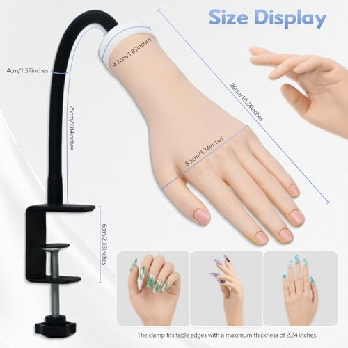 Nail Practice Hand for Acrylic Nails with Adjustable Stand, Flexible Bendable Mannequin Hand for Nail Art Training, Reusable Fake Hand for Gel Nails, Acrylic Application & Beginner Nail Practice Set