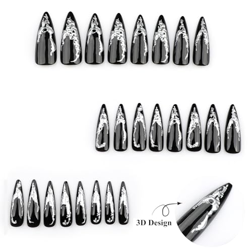 MISUD Press on Nails - Long Stiletto Glue on Nails with Goth Black, Acrylic 3D Silver Chrome Design 24 pcs - color: 02305-14Black