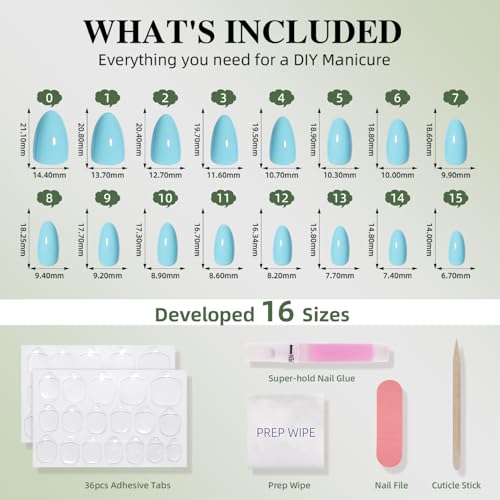 Blue Press On Nails Almond - Blue Almond Fake Nails - color: 5C - Soft Blue