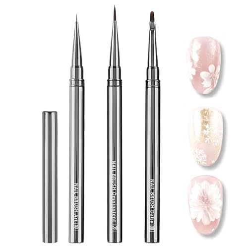 3Pcs Nail Art Brushes Set for Flower Petal Butterfly Drawing, 3D Gel Acrylic Nail Brush, Fine Liner Nails Design Tool, Professional Watercolor Painting Pen for Manicure DIY Salon - color: Metal Painting Brush