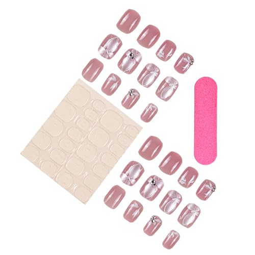 24Pcs Short Press on Nails RTKHFZE Pink Fake Nails with White Butterfly and Rhinestones Designs Press Ons False Nails Square Full Cover Acrylic Nails Stick on Nail for Women and Girls - color: BKSS16