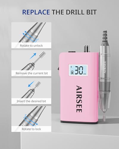 AIRSEE Rechargeable 30000RPM Electric Nail Drill,Salon Home Use,E8 Pink - color: E8 Pink
