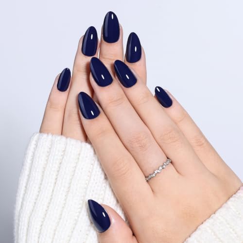 Navy Blue Press On Nails, Short Almond, Glossy Dark Blue Glue On Nails - color: D8-Navy Blue
