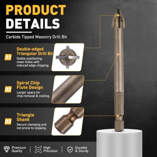 7Pcs 1/8"-1/2" Carbide Masonry Drill Bits Set Hex Shank Yellow - color: Yellow, size: 1/8"-1/2"