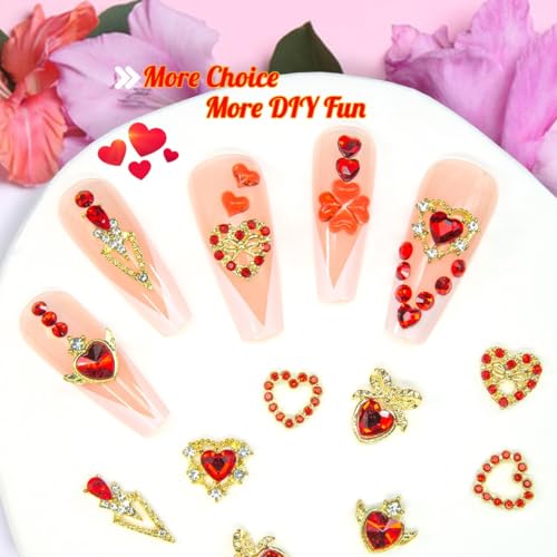 qiipii 36pcs Red Heart Nail Charms Golden Luxury Alloy Valentine Charms for Nails 3D Red Nail Art Rhinestones Gems Gold Crystal Diamonds Jewelry Stones Studs Charms Supplies for Nails Face Eyes Makeup - color: Luxury Charms -Red Heart, size: 1 Box