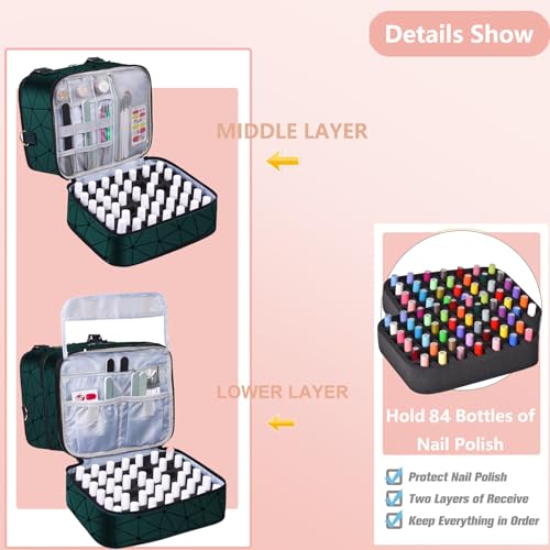 FCQQYWZ Large Nail Polish Organizer Case Hold 84+ Bottles Nail Polish & Nail Lamp, 3 Layers Nail Organizers and Storage for Nail Tech with Divider, Travel Carrying Case(Green) - color: Green-84Bottles
