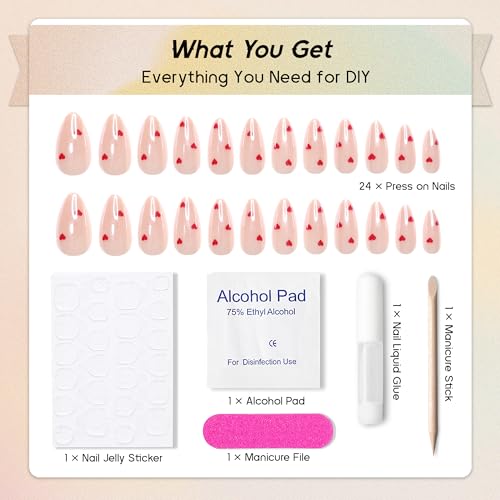 Qsnidy Pearlescent Press on Nails - Glazed Red Heart, Medium Almond - color: Glazed Red Heart