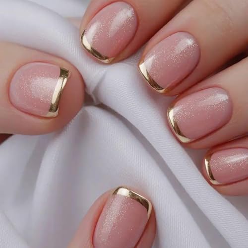 Gold French Tip Press On Nails Short Square Fake Nails Pink False Nails With Glitter Design Acrylic Glue On Nails Reusable Nails Press Ons For Women Girls - color: short square nails-1