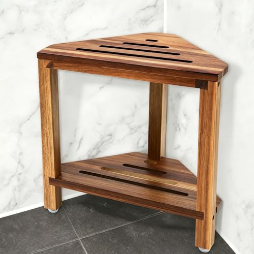 IBosins Corner Shower Stool 14in Small Bench Storage Shelf Natural Finish - color: Natural Finish, size: 14 Inch, style: 2-Tier
