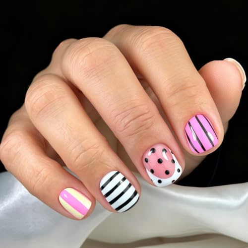 Press on Nails Short Square Polka Dot Black Pink Stripe Design - color: Black White Pink -23