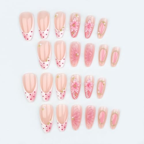 Press on Nails Almond - Gilded Lines, Embossed Flower, Polka Dots - color: Style-33