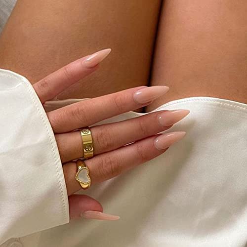 Nude Press on Nails Medium Long Almond Glossy Fake Nails for Women - color: 01-Nude Stiletto