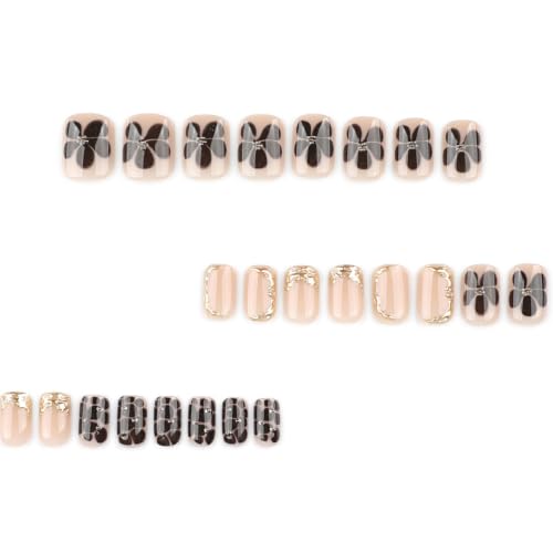 French Tip Press on Nails Short Square Fake Nails with Flower Glitter Designs Glossy Nails Press ons Brown Gold Glue on Nails Fall False Autumn Stick on Nails for Women 24Pcs - color: 3