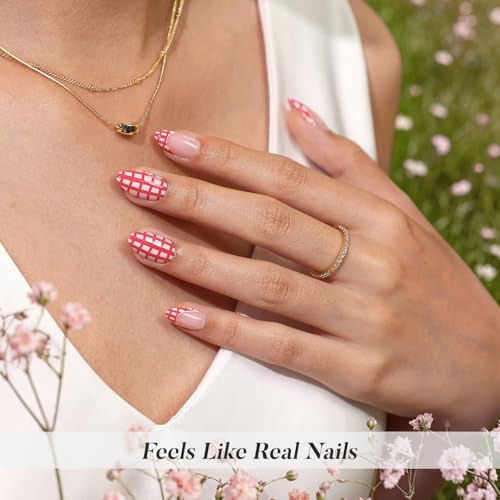 SHANGMENG Press on Nails, Almond Short Red Plaid Mixed French Tip Nails - color: Picnic Time