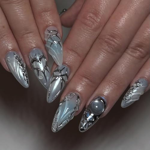 Y2K Blue Press on Nails Long Almond - 3D Metal Design - color: Style-07