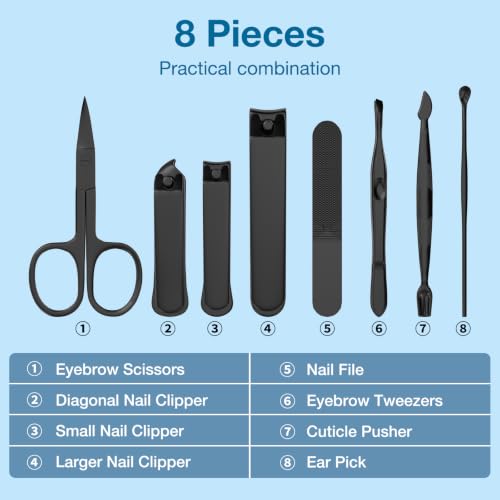 Men Nail Grooming Kit 8 Pcs, Precision Nail Clipper for Men, Black - color: Black