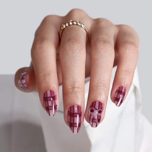 SHANGMENG Press on Nails, Almond Short Red Plaid with 3D Bow Fake Nails - color: Library Glow