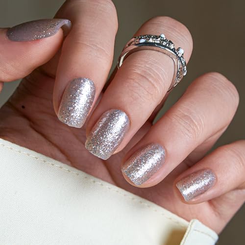 CurvLife Short Square Glitter Press On Nails, Silver Spark, Soft Gel - color: Silver with glitter