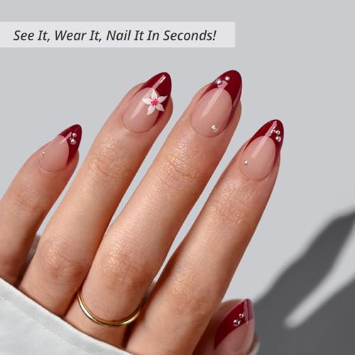 BTArtbox Press On Nails, Rococo Bloom, Short Almond, Red French, 32Ct - color: A1-Rococo Bloom